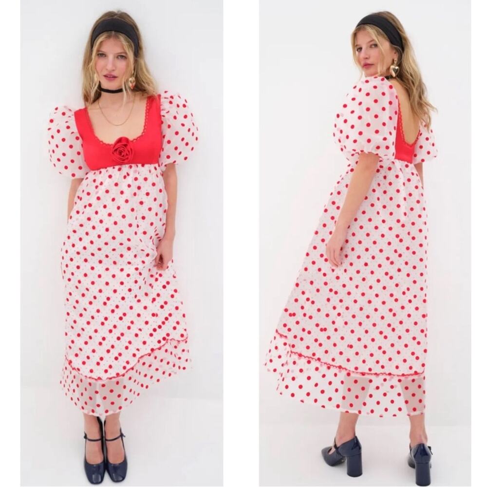 FOR LOVE & LEMONS Rhoda Polkadot Puff Sleeve Sheer Midi Dress Size S - Picture 2 of 9